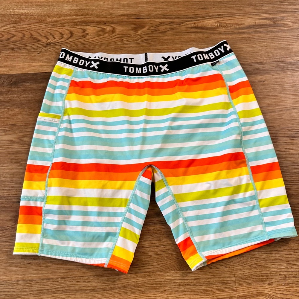 TomboyX Rainbow Stripe 9 Inch Board Shorts Swim Trunks 2X Plus Size Pocket